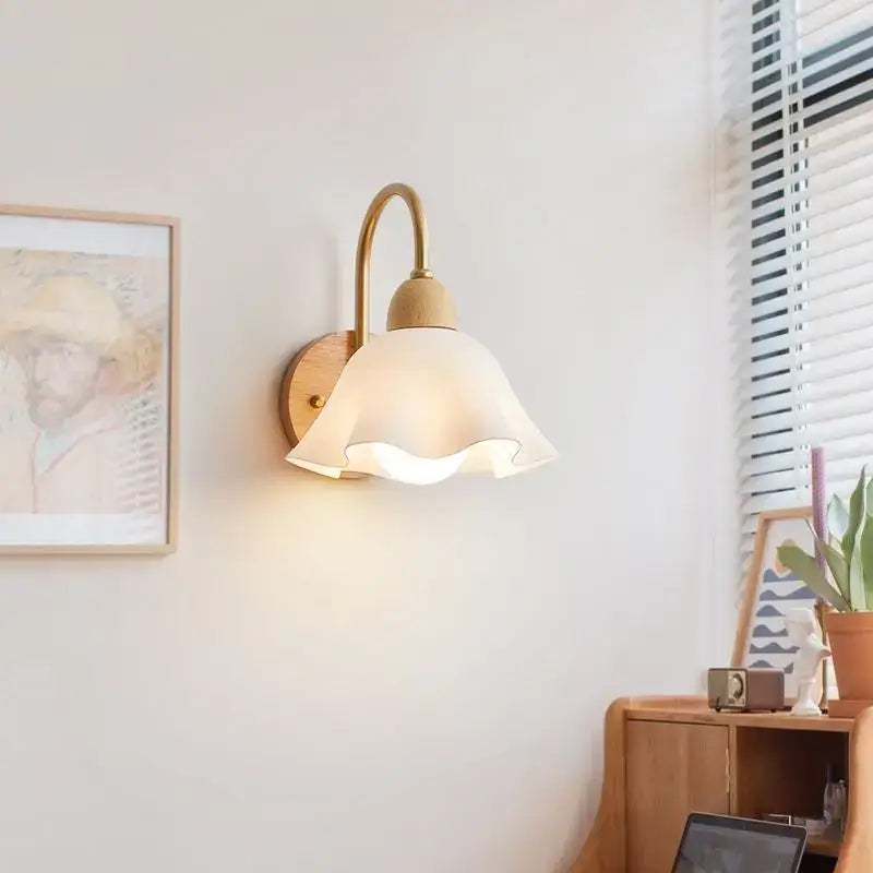 Scandinavian brass and cream led wooden wall lamp bedroom light