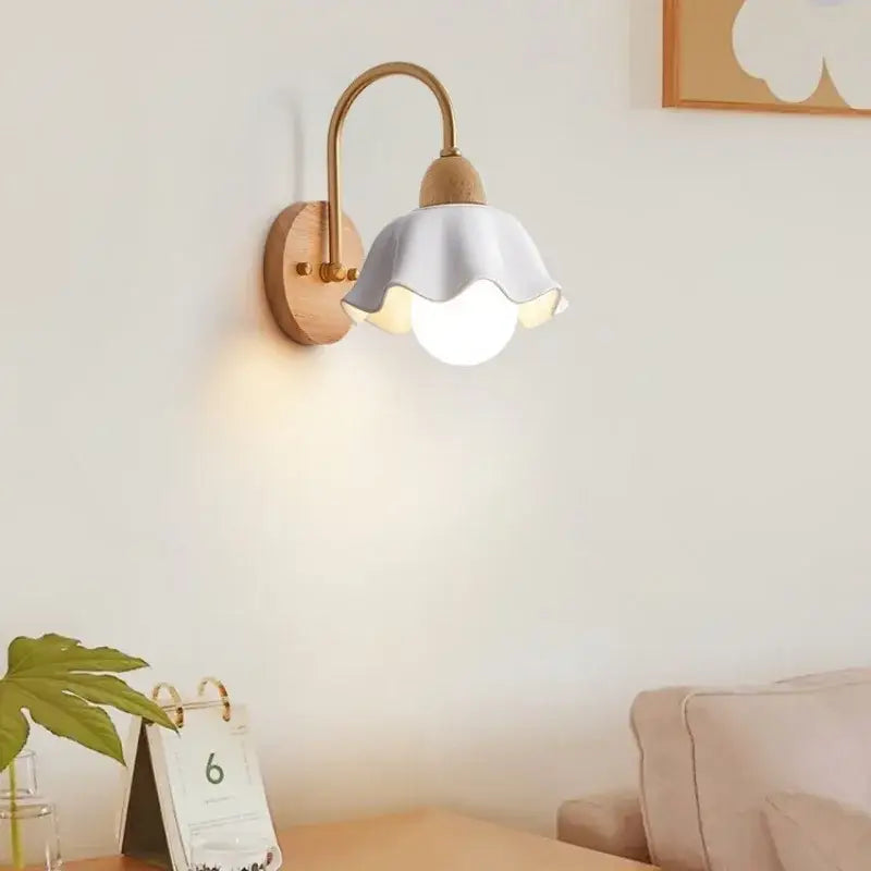 Scandinavian brass and cream led wooden wall lamp bedroom light