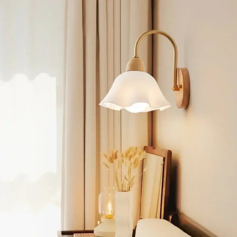Scandinavian brass and cream led wooden wall lamp bedroom light