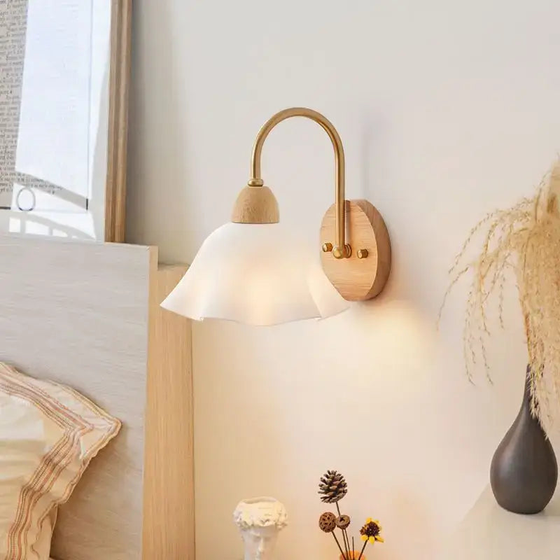 Scandinavian brass and cream led wooden wall lamp bedroom light