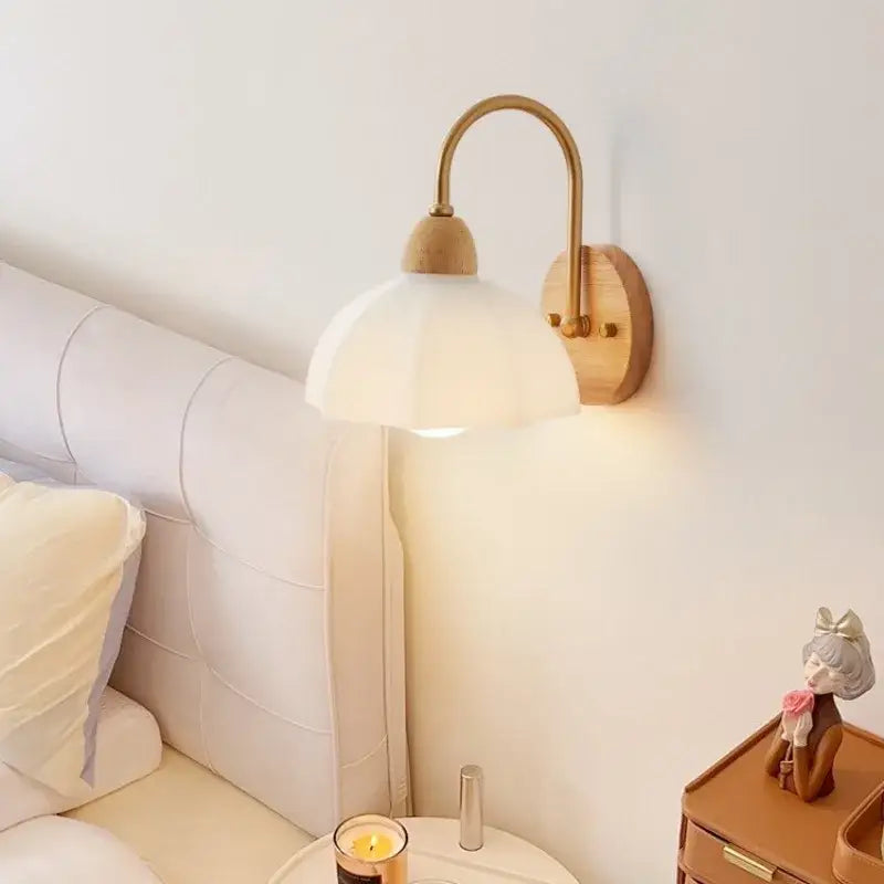Scandinavian brass and cream led wooden wall lamp bedroom light