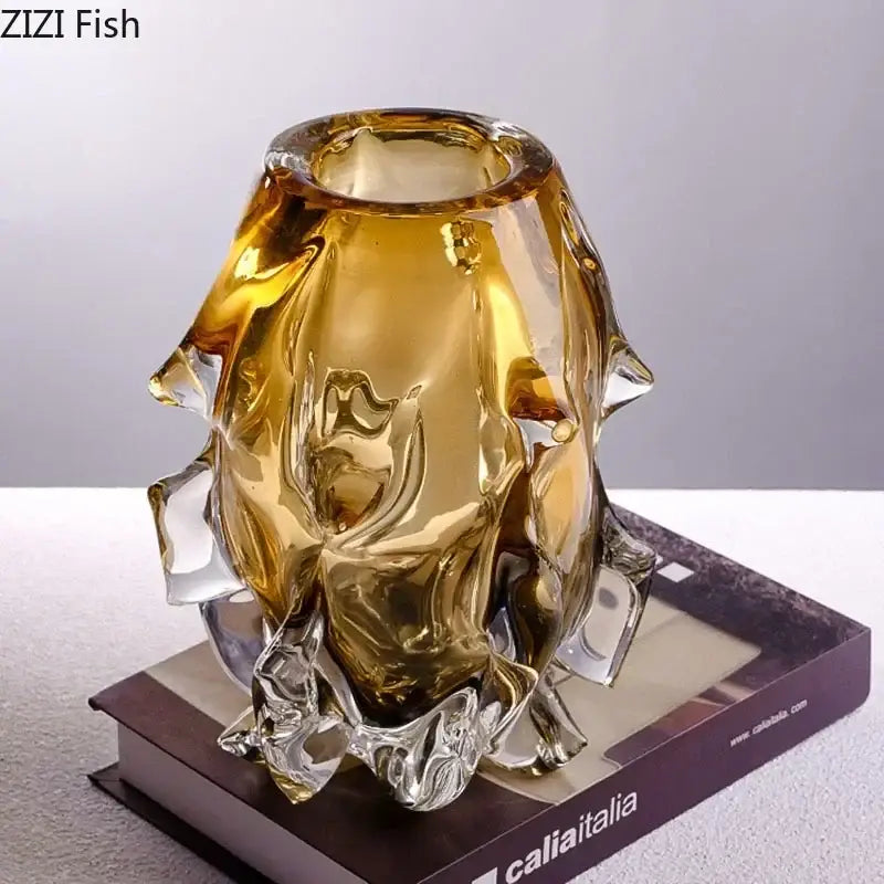 Sculpted amber glass vase living room floral decor