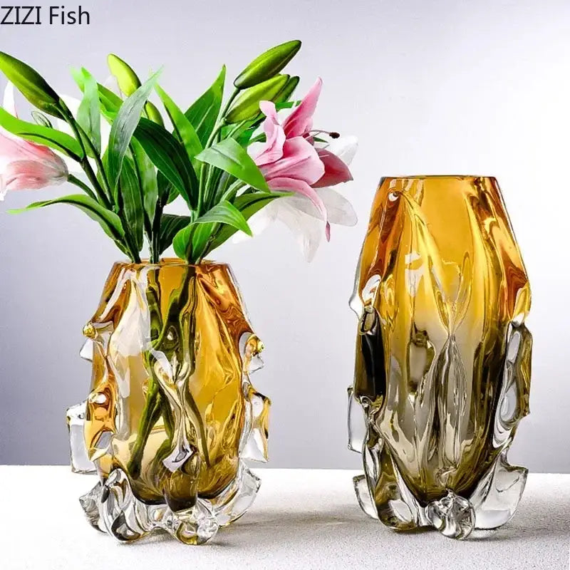 Sculpted amber glass vase living room floral decor