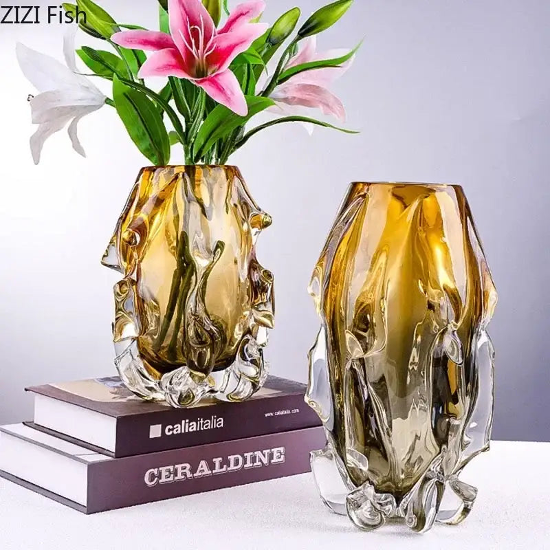 Sculpted amber glass vase living room floral decor