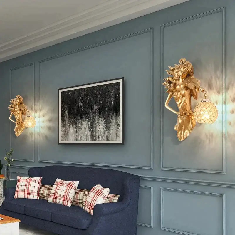 Sculptural gold violinist crystal wall lamp living room sconce
