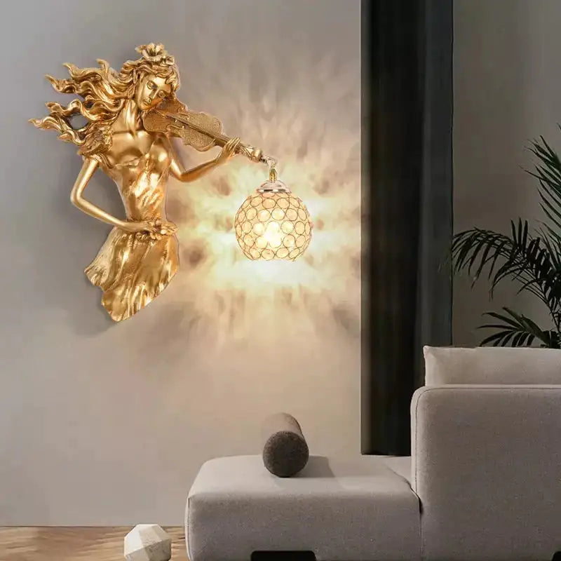 Sculptural gold violinist crystal wall lamp living room sconce