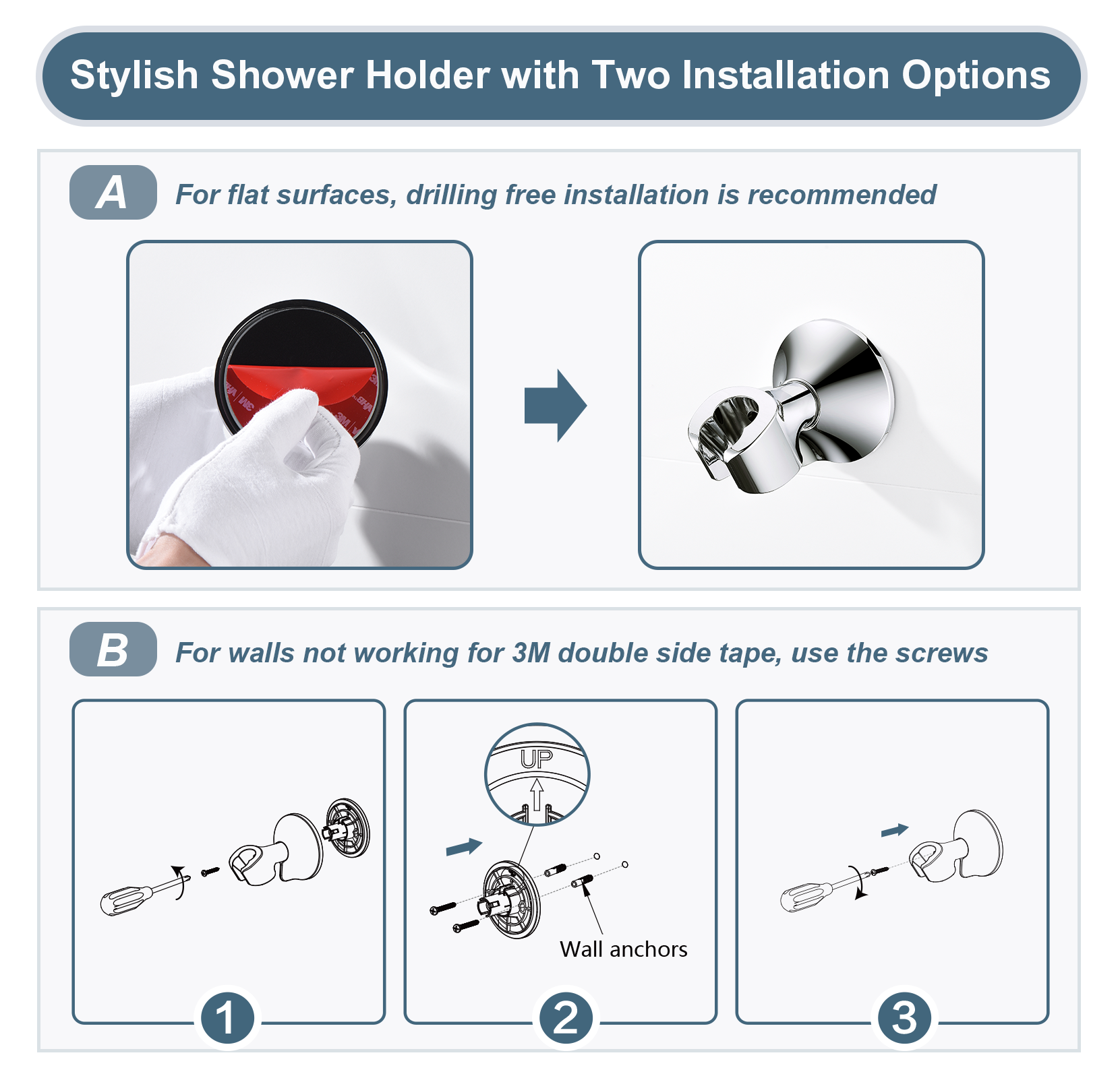 Adhesive Shower Head Holder for Handheld Shower Heads, Drill-Free Wall Mount Bracket