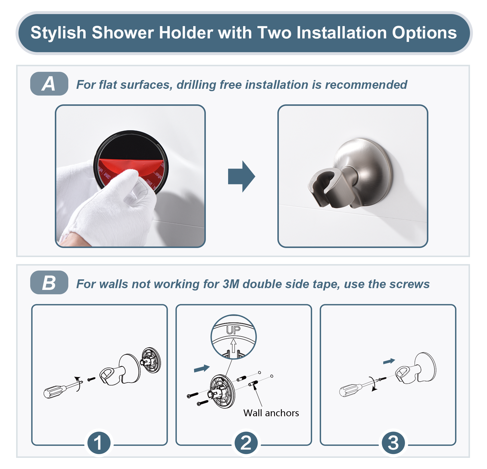 Adhesive Shower Head Holder for Handheld Shower Heads, Drill-Free Wall Mount Bracket