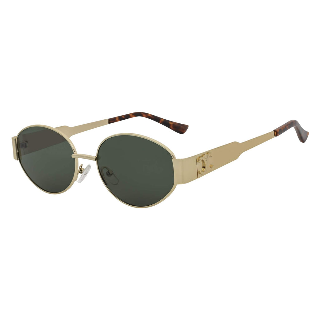 SELINE - Retro Small Metal Oval Round Sunglasses Gold Green Tint
