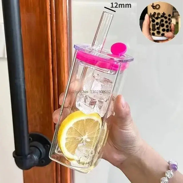 Set of 5 square glass mugs with colored handle kitchen drinking cups