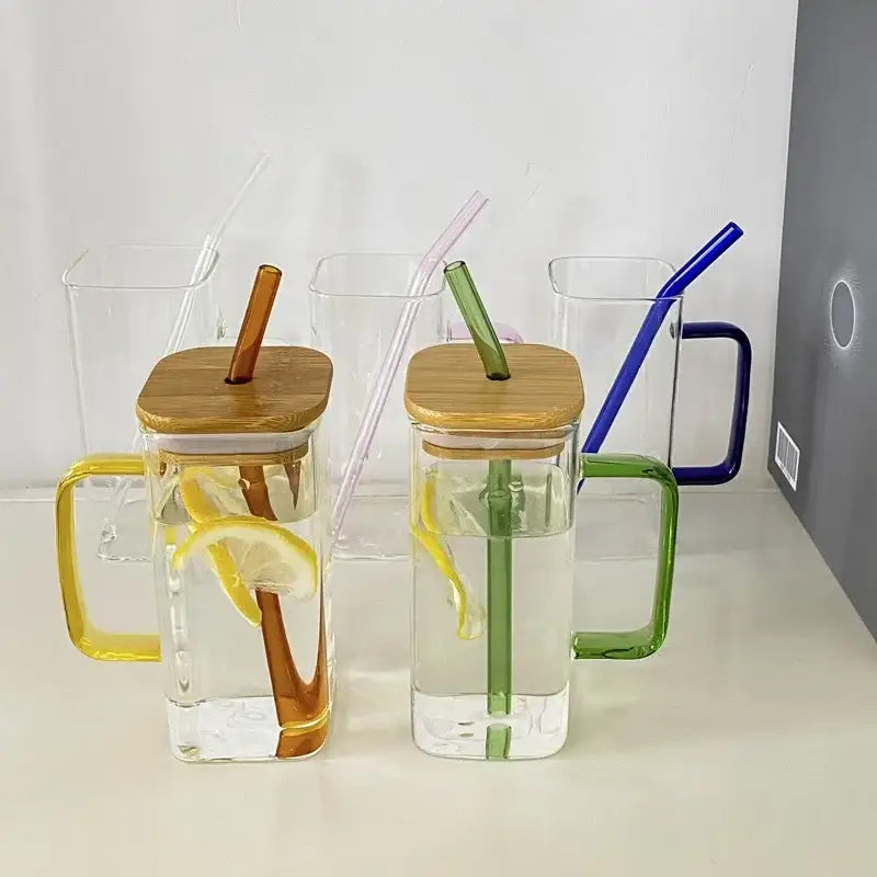 Set of 5 square glass mugs with colored handle kitchen drinking cups