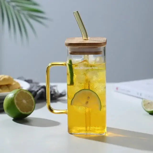 Set of 5 square glass mugs with colored handle kitchen drinking cups