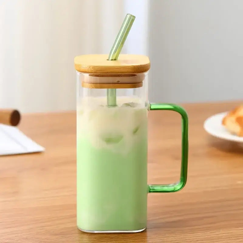 Set of 5 square glass mugs with colored handle kitchen drinking cups