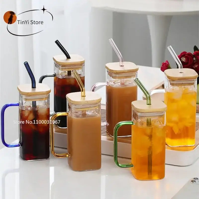 Set of 5 square glass mugs with colored handle kitchen drinking cups