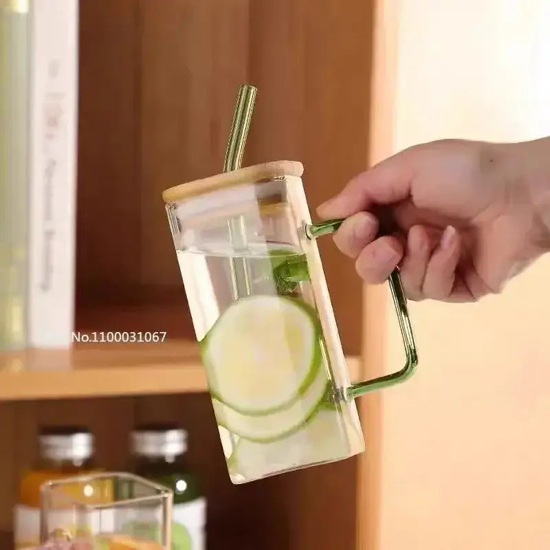 Set of 5 square glass mugs with colored handle kitchen drinking cups
