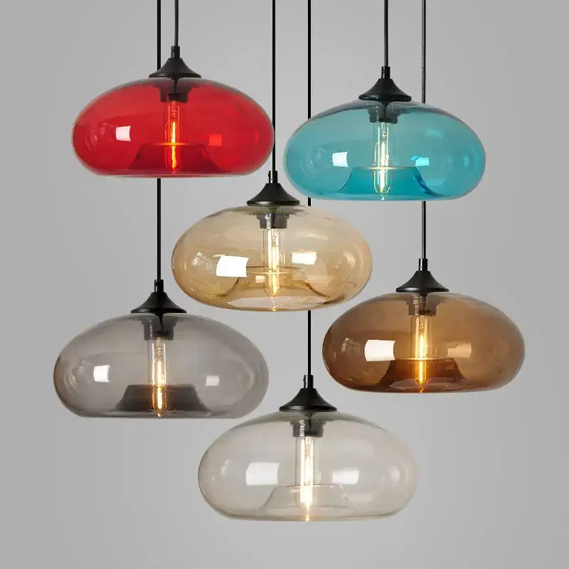 Set of five colorful glass pendant lights for dining room kitchen