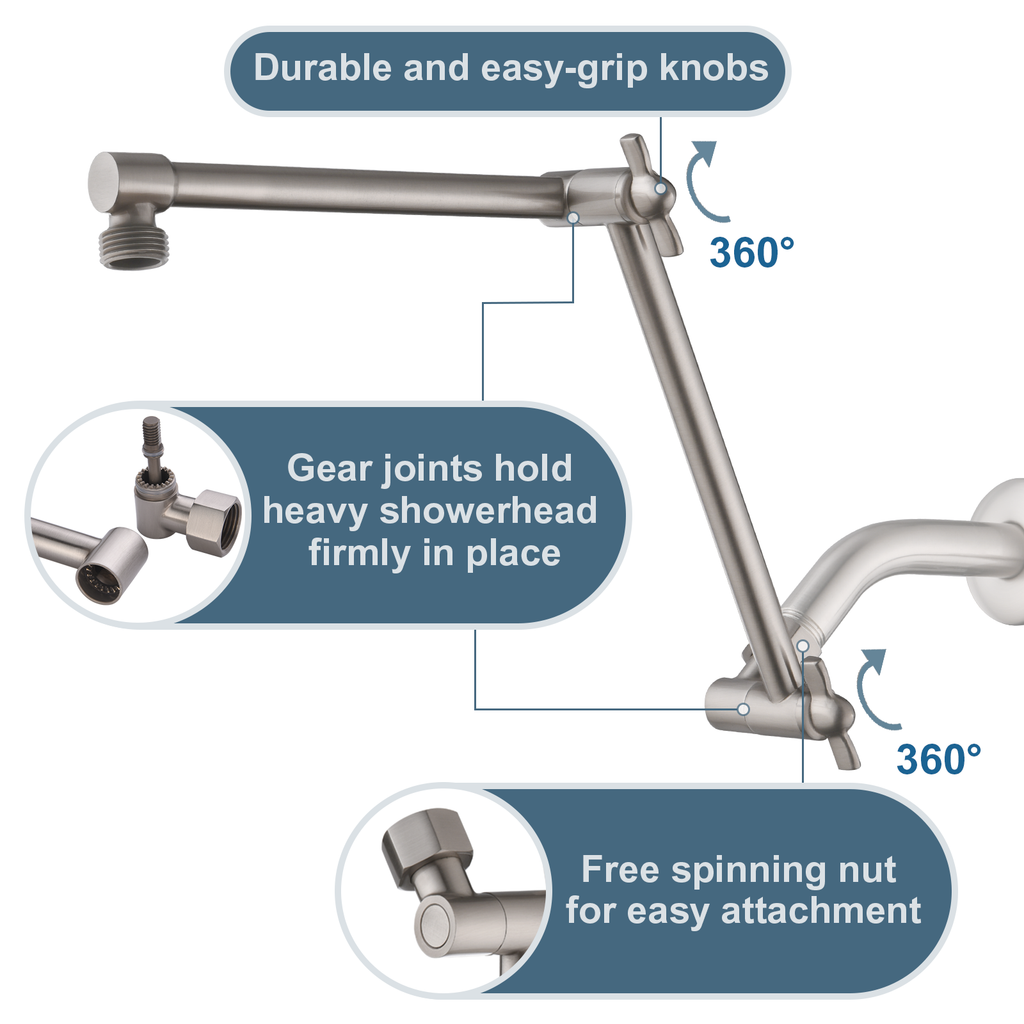14 Inch Double Joint Shower Arm Extender for Rain and Handheld Shower Head, Height & Angle Adjustable