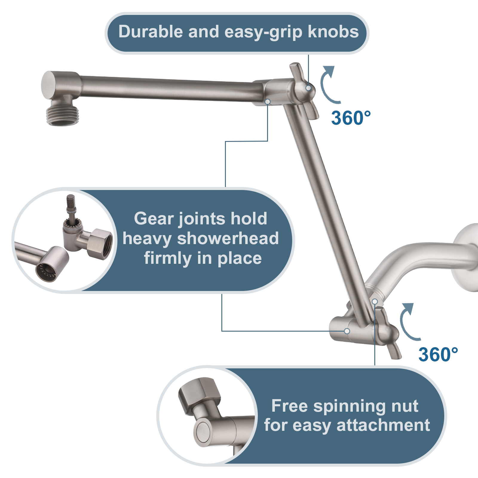 14 Inch Double Joint Shower Arm Extender for Rain and Handheld Shower Head, Height & Angle Adjustable