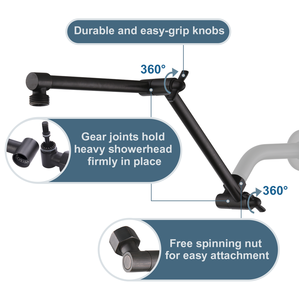 14 Inch Double Joint Shower Arm Extender for Rain and Handheld Shower Head, Height & Angle Adjustable