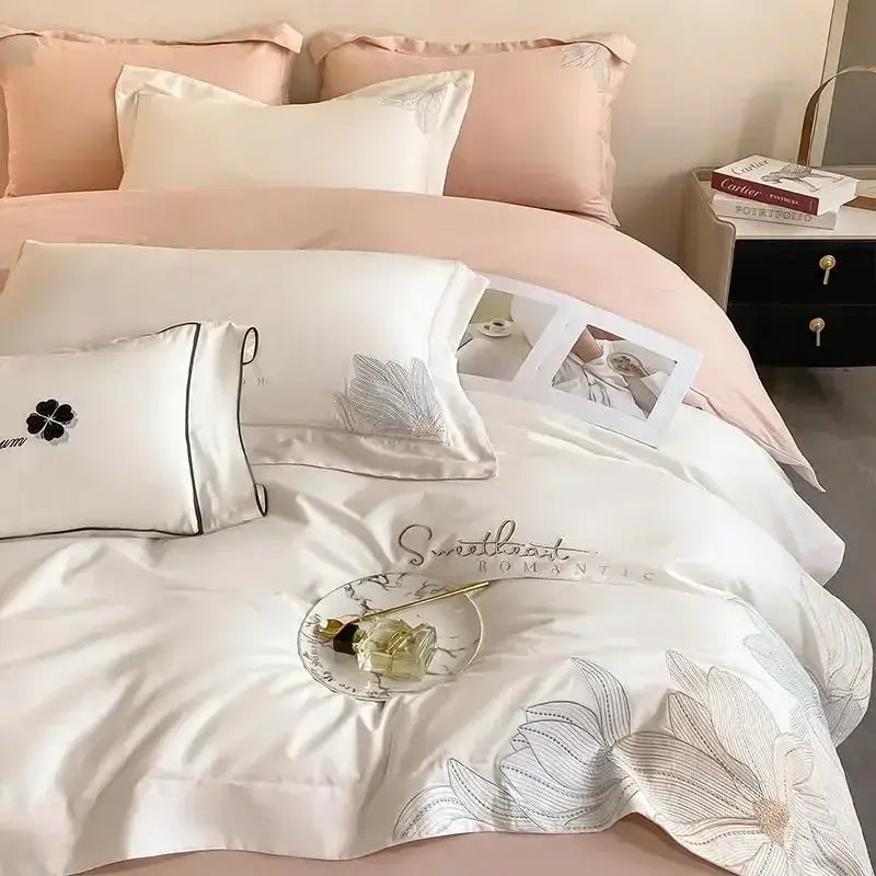 Silver floral embroidery white bedding set bedroom cotton king size