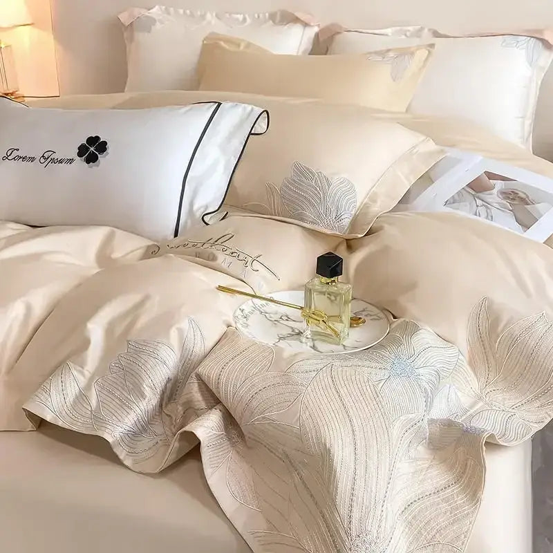 Silver floral embroidery white bedding set bedroom cotton king size