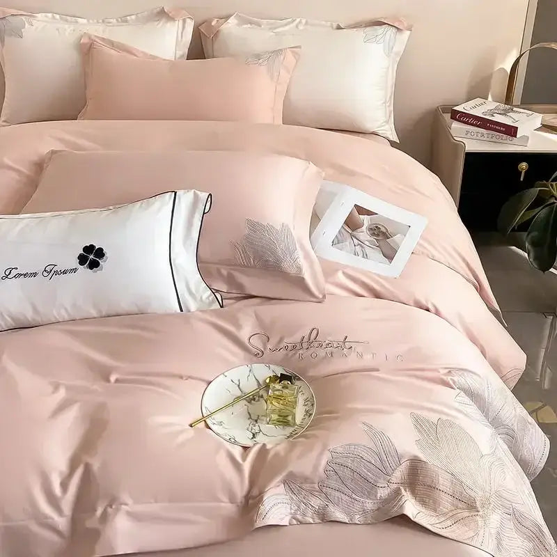 Silver floral embroidery white bedding set bedroom cotton king size