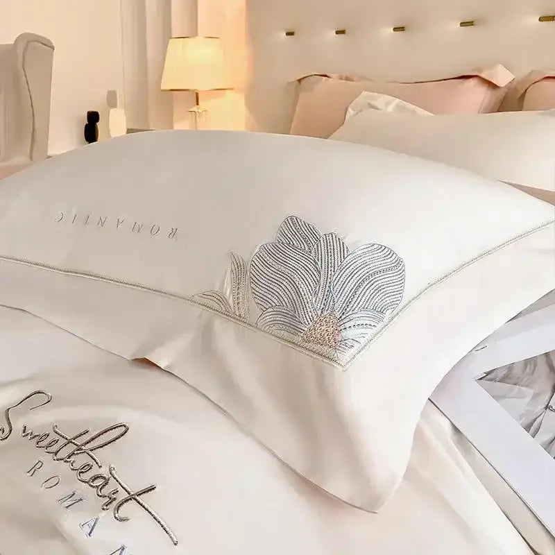 Silver floral embroidery white bedding set bedroom cotton king size