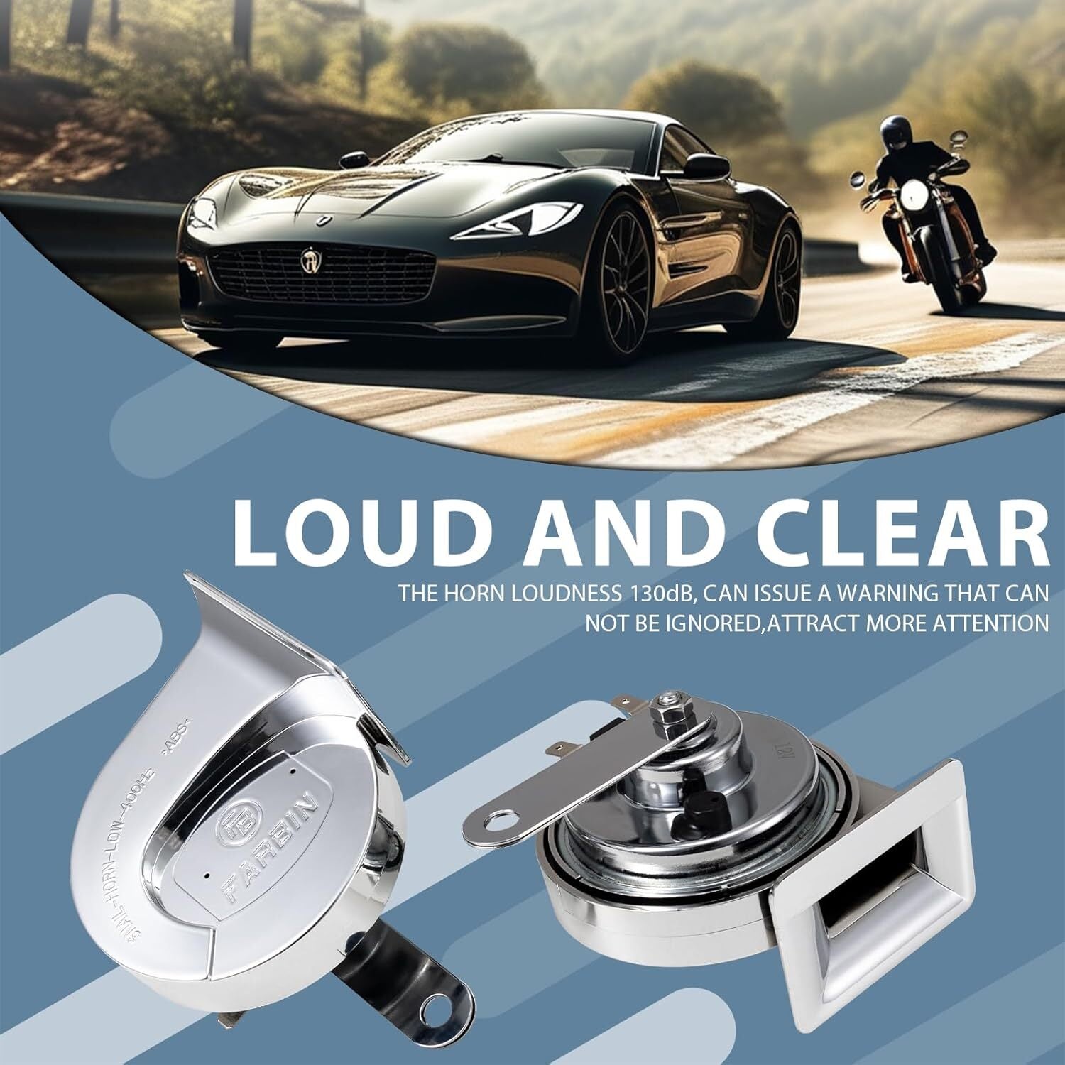 Silvery Chrome Snail Horn with 130dB Loud Dual Electric Car and Train Sounds