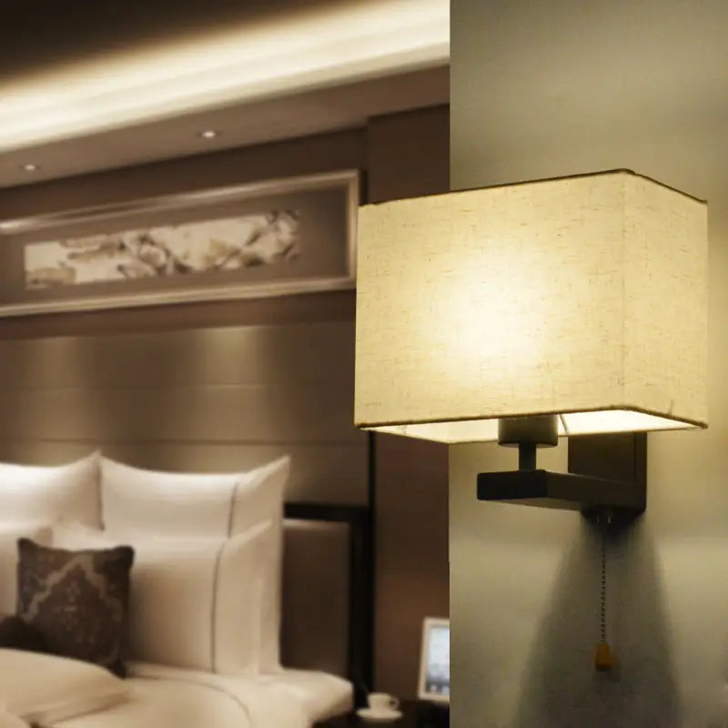 Simple beige fabric rectangle wall lamp bedroom light fixture