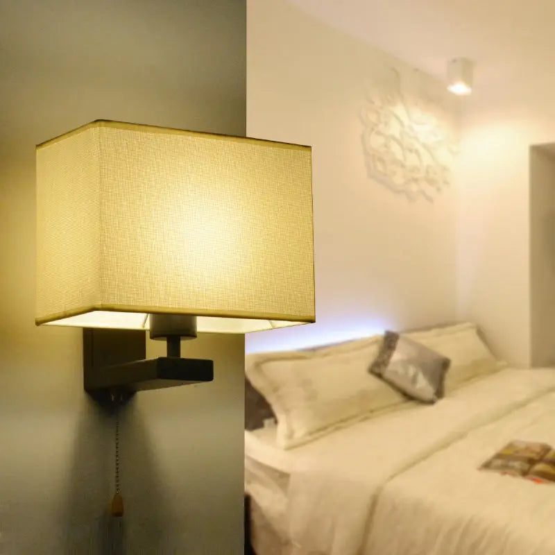 Simple beige fabric rectangle wall lamp bedroom light fixture