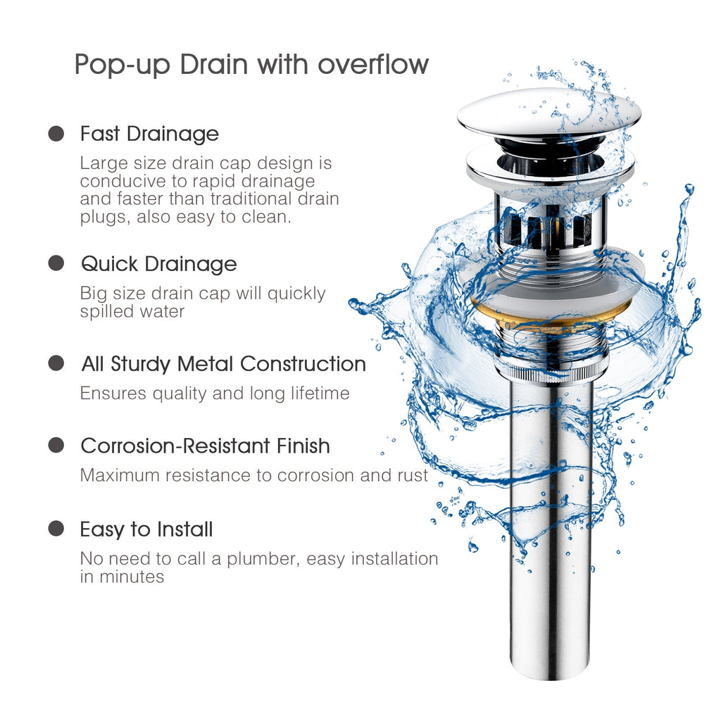 Bathroom Sink Drain with Overflow Pop-Up Drain Stopper for Vessel Sink Lavatory