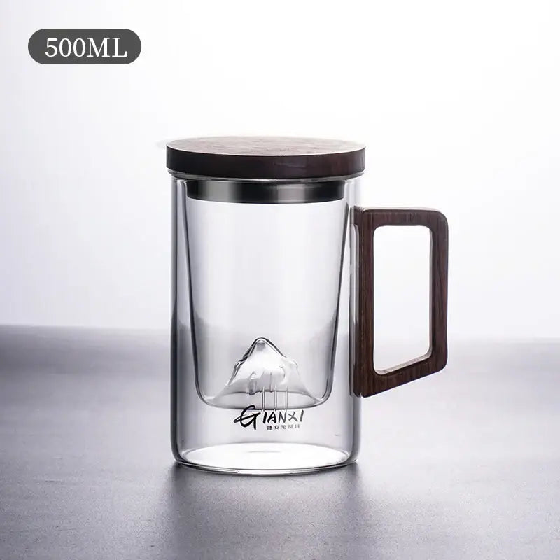 Sleek dark gray double walled glass tea cup with wooden lid kitchen