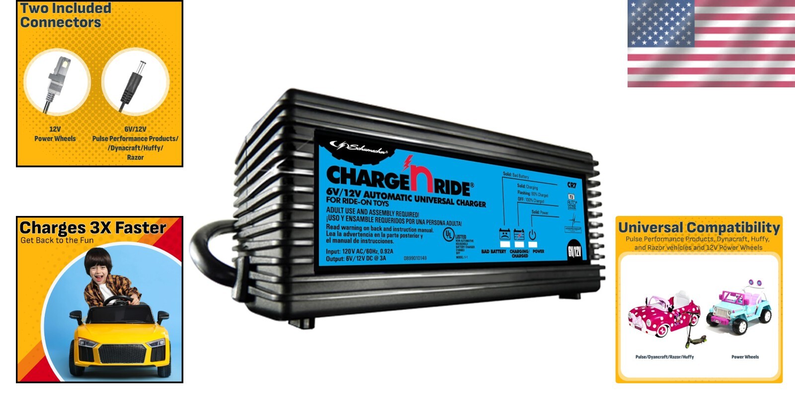 Dual Voltage Smart Charger for Kids' Ride-On Cars Compatible with 6V and 12V Batteries
