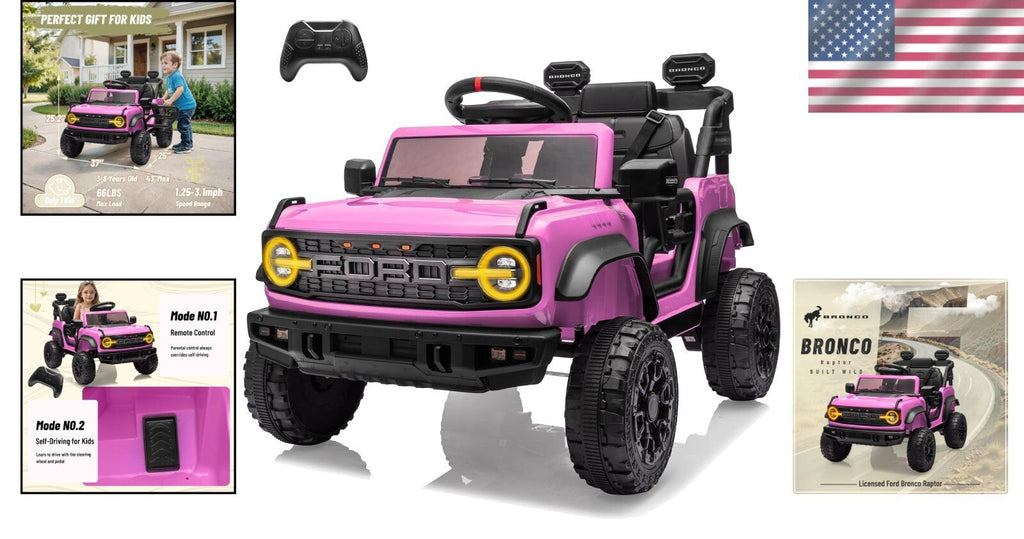 12V Electric Ford Bronco Ride-On Car with Remote Control and Safety Seat Belt for Ages 3-8