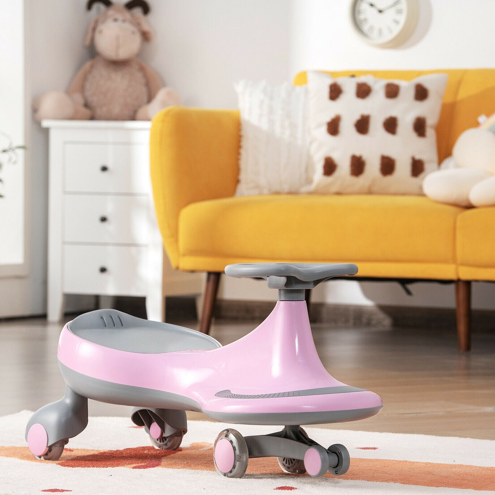 Sparkling Pink Wiggle Car Ride-on Toy for Toddlers and Kids with Flashing Wheels