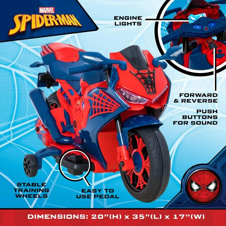 Spiderman 6V Motorcycle Ride On for Kids, Ages 3+, with Rechargeable Battery and 65lbs Weight Capacity