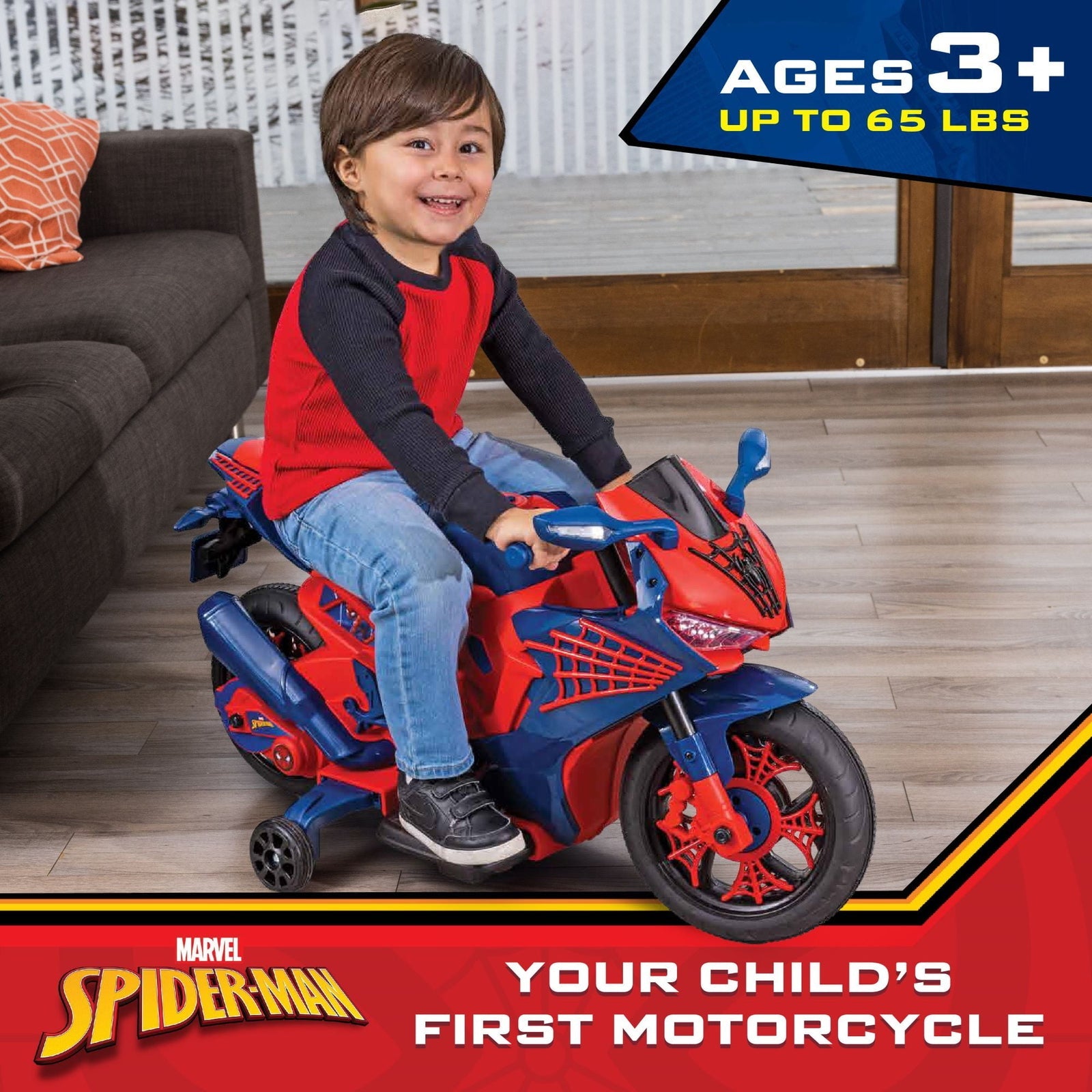 6V Spiderman Ride-On Motorcycle Toy for Kids Ages 3+ with Rechargeable Battery, Supports Up to 65 lbs