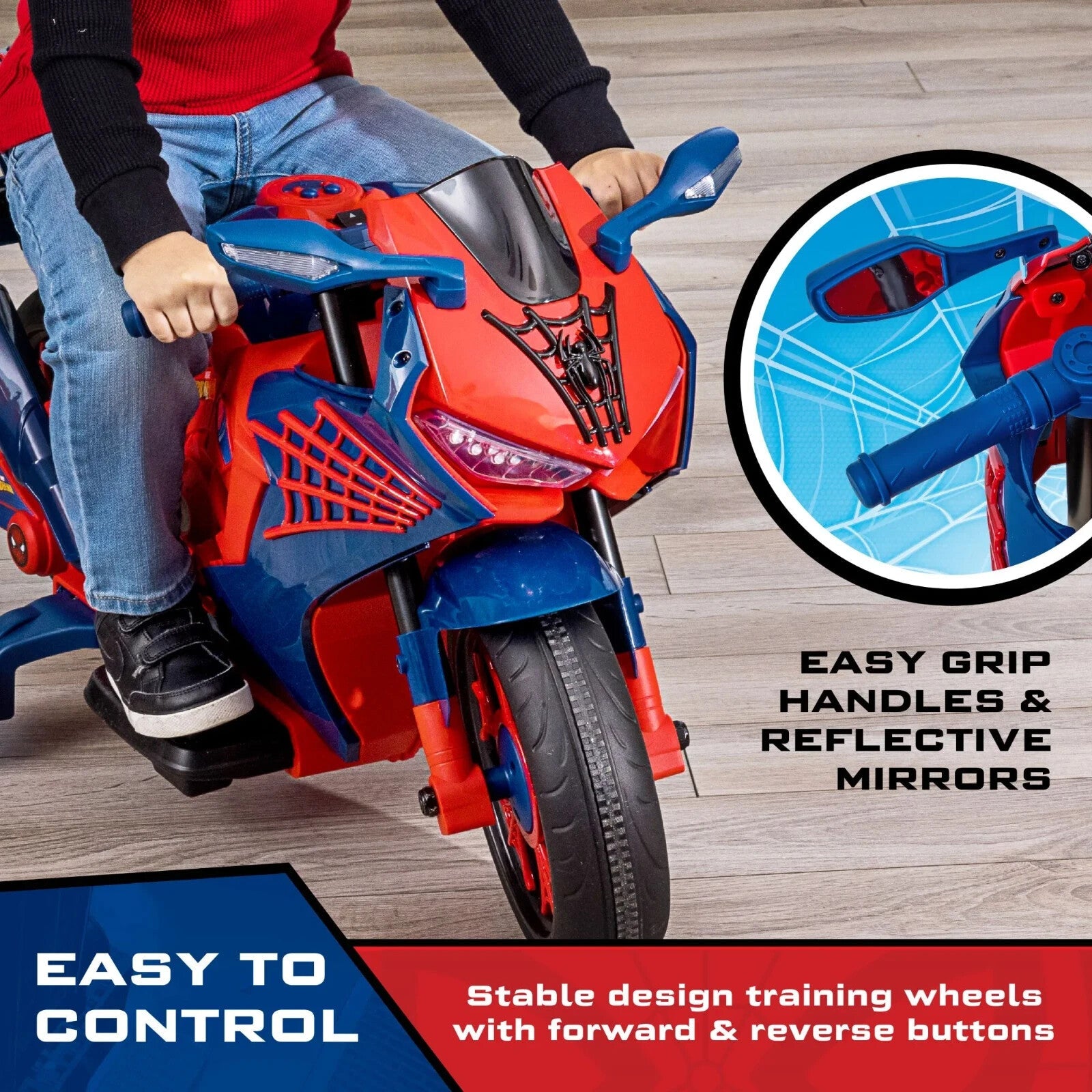 Spider-Man 6V Kids Ride-On Motorcycle with Lights, Sounds, and Training Wheels