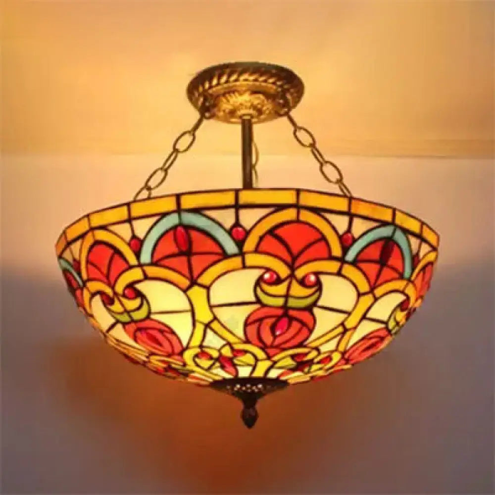 Floral stained glass ceiling light red and teal kitchen semi flush