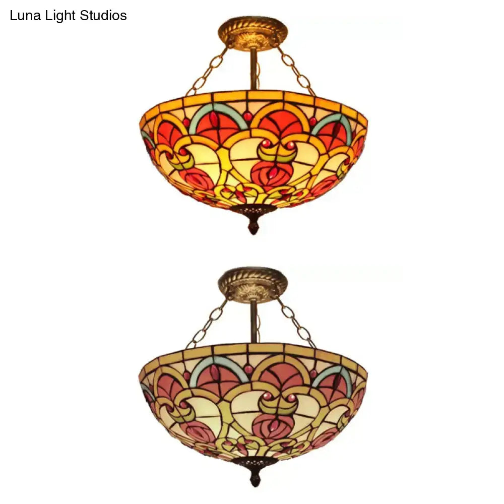 Floral stained glass ceiling light red and teal kitchen semi flush