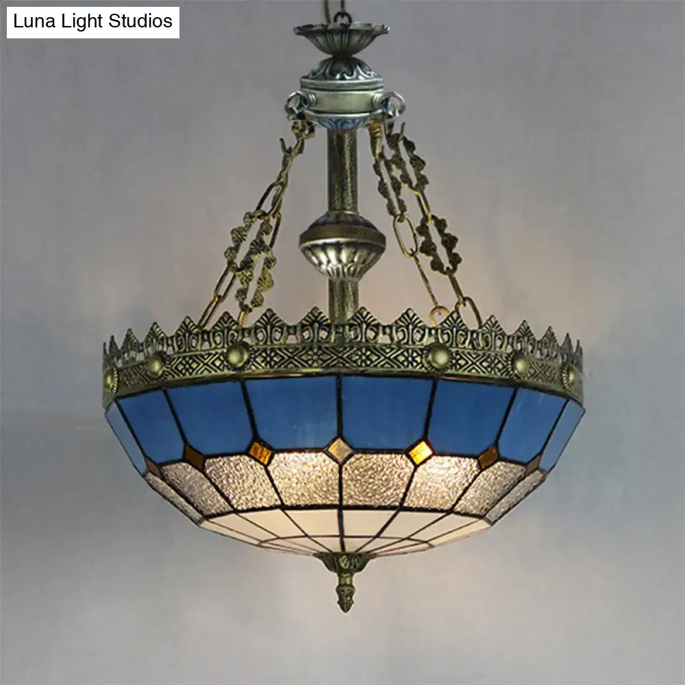 Blue and white stained glass ceiling pendant light kitchen brass accent
