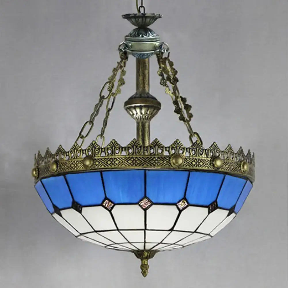 Blue and white stained glass ceiling pendant light kitchen brass accent