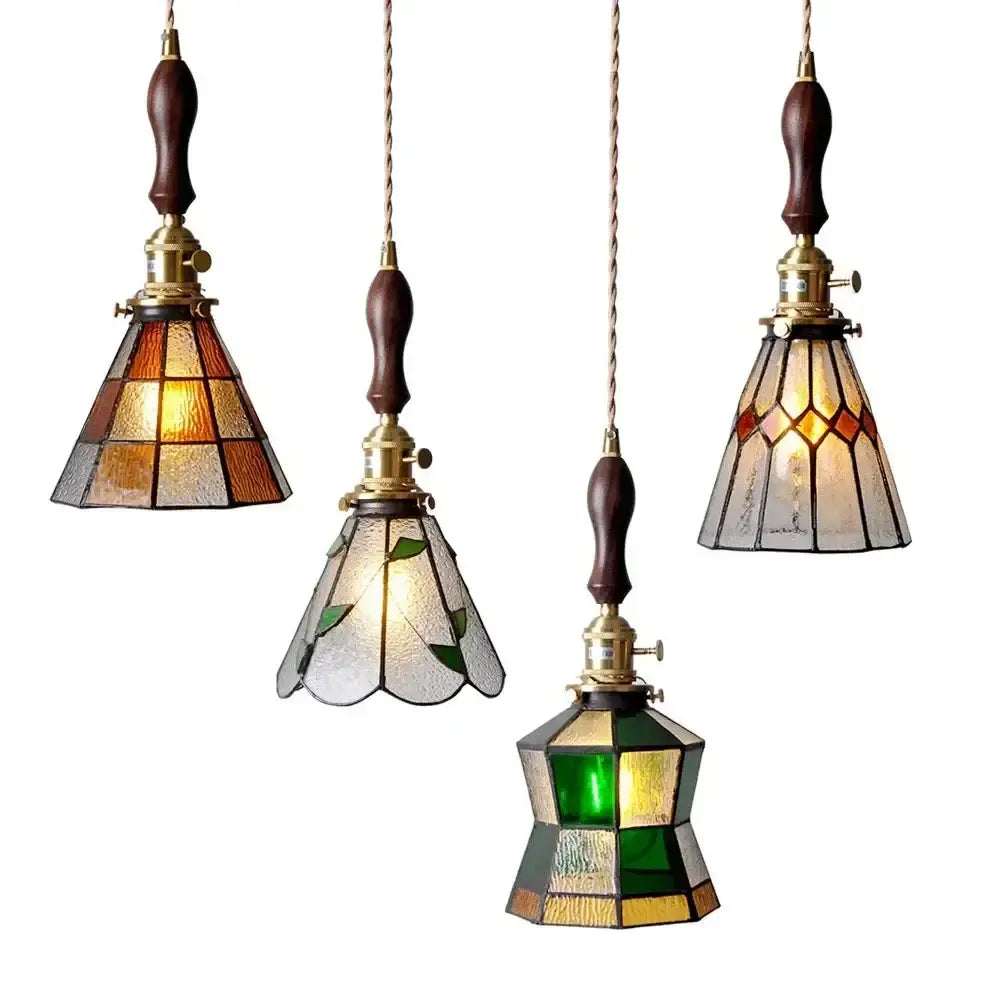 Stained glass floral pendant light for kitchen copper finish