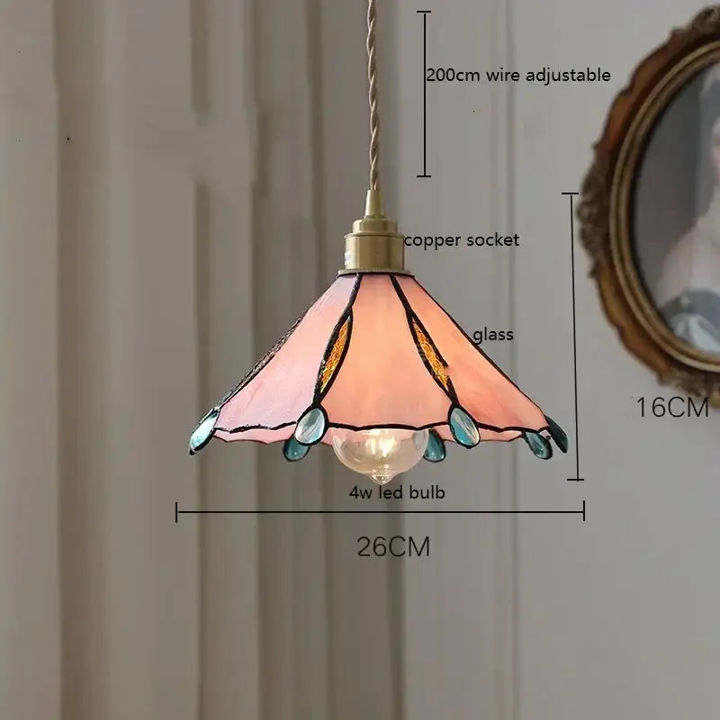 Stained glass floral pendant light for kitchen copper finish