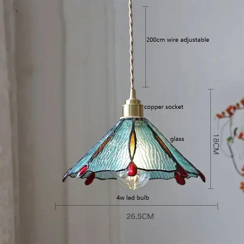 Stained glass floral pendant light for kitchen copper finish