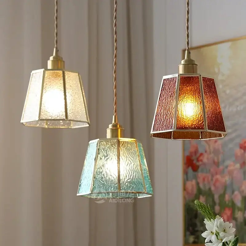 Stained glass floral pendant light for kitchen copper finish