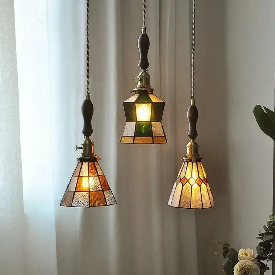 Stained glass floral pendant light for kitchen copper finish