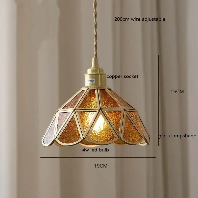 Stained glass floral pendant light for kitchen copper finish