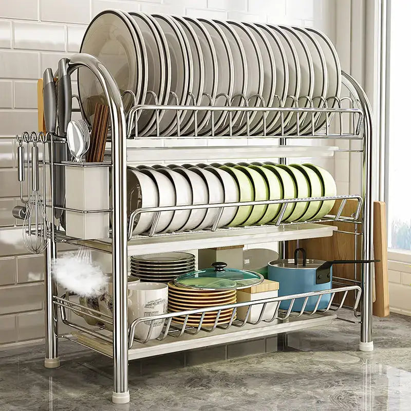 Stainless steel curved kitchen drying rack and dish organizer shelf