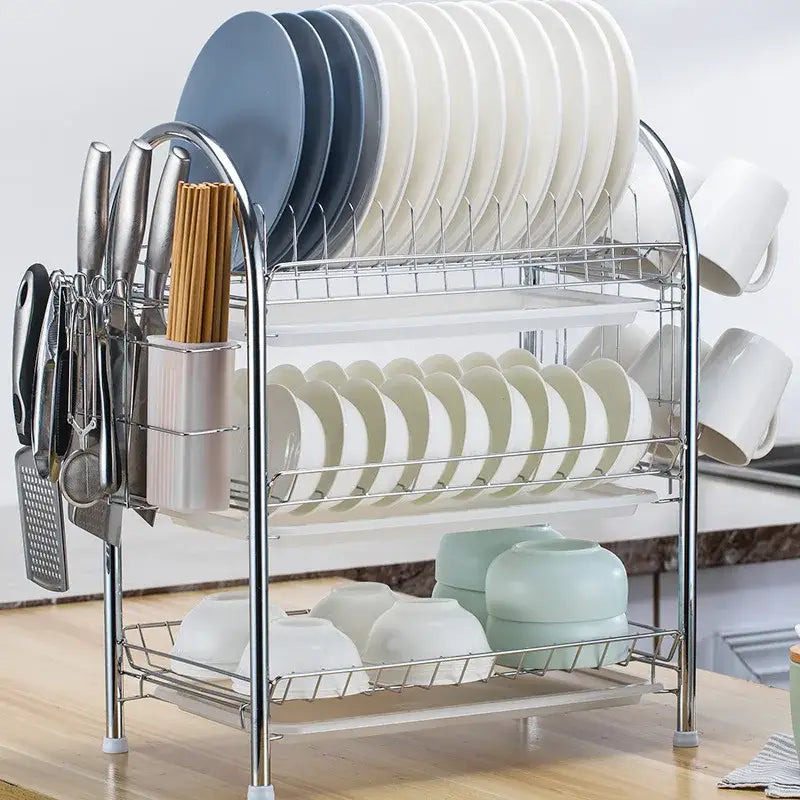 Stainless steel curved kitchen drying rack and dish organizer shelf